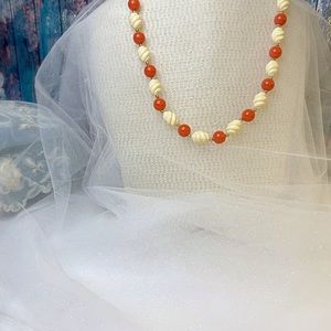 Vintage Faux Coral and Off White Plastic Bead Necklace